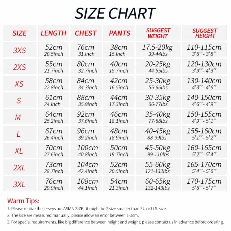 jersey size chart