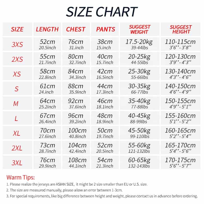 Jersey Sizing Chart 